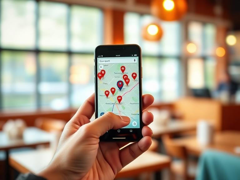Mano sosteniendo un móvil con el mapa de restaurantes